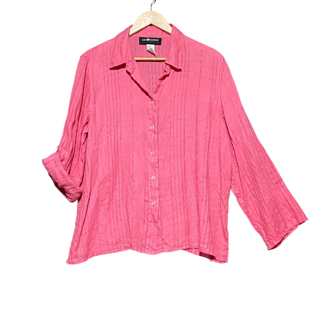Sag Harbor Petite Large Pink 100% Linen Button Down Roll Tab Sleeve Shirt